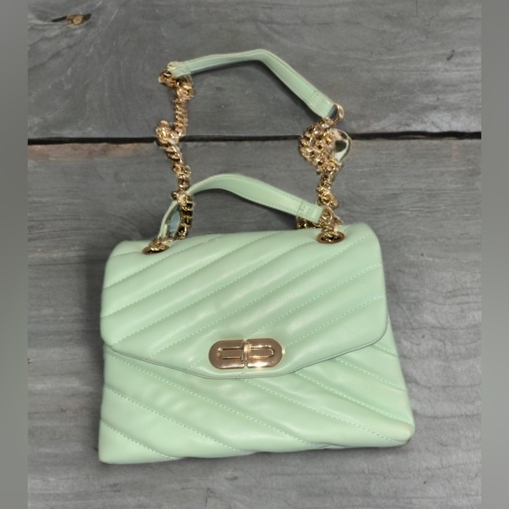 Mint Green Quilted Shoulder Bag with Gold Chain